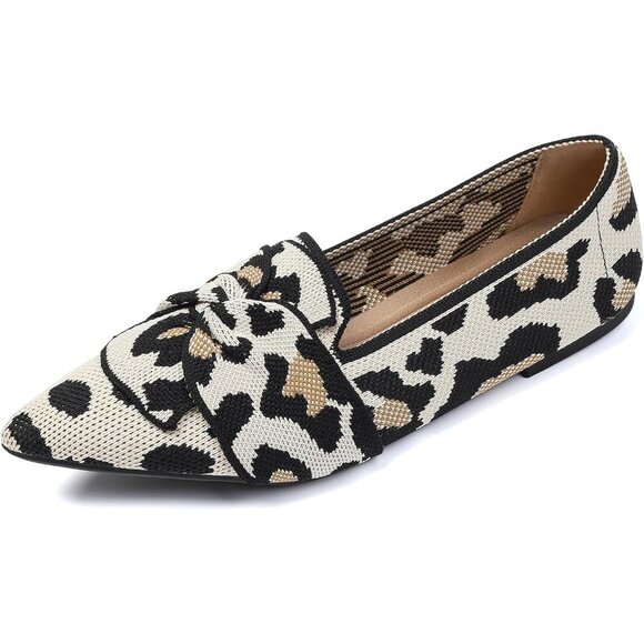 Shoes - Women's Bow Comfortable Pointed Toe Ballet Flats Knit Dressy Flats Leopard Print